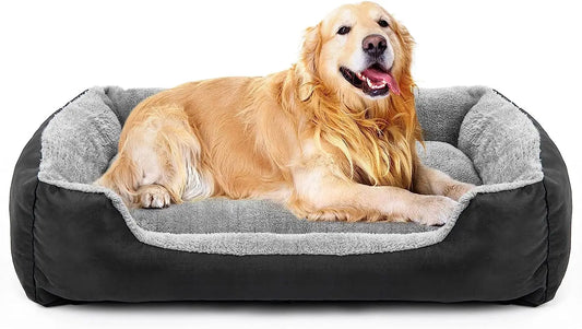 Golden retriever lying comfortably in a plush, gray dog bed, looking relaxed and cozy with its head resting on the edge of the bed